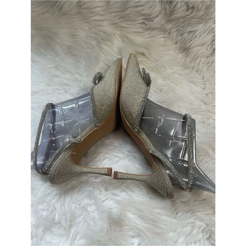 Gold Glitter Pointed Toe Bow ankle strap Heels.Pointed toe rhinestones bow SZ11